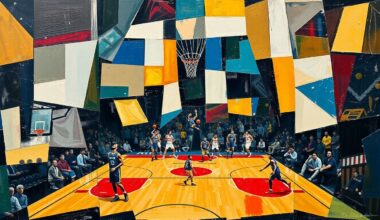 A cubist, geometric painting depicting a basketball game or match, with sharp, overlapping planes of color and form representing the dynamic action on the court.