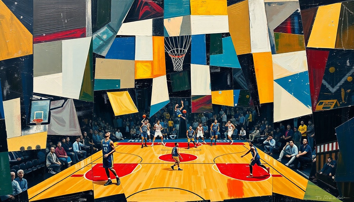 A cubist, geometric painting depicting a basketball game or match, with sharp, overlapping planes of color and form representing the dynamic action on the court.