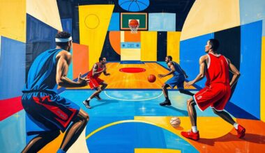 An abstract painting with sharp, overlapping geometric shapes and planes in vibrant colors, conceptually representing the strategic complexity and high-stakes tension of a late-season NBA matchup between non-playoff teams.