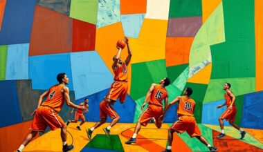 A fragmented, geometric painting in bold, clashing colors depicts the motion and intensity of a basketball game, with player forms broken down into abstract shapes and planes.