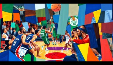 A cubist, geometric painting featuring overlapping planes of bright blue, red, and green, representing the competitive energy of a high-stakes NBA playoff matchup.