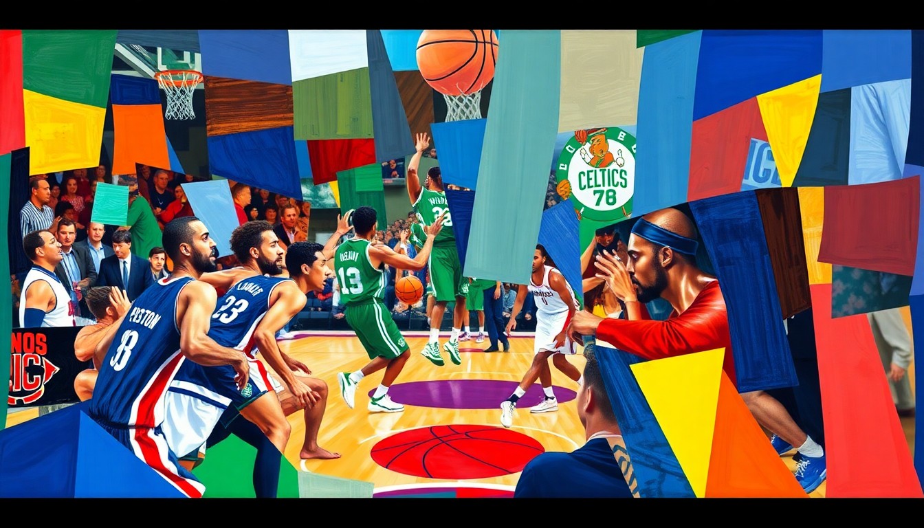 A cubist, geometric painting featuring overlapping planes of bright blue, red, and green, representing the competitive energy of a high-stakes NBA playoff matchup.