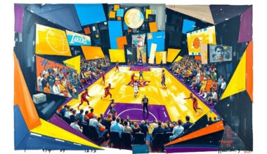 A fragmented, geometric painting depicting a basketball game, with sharp, overlapping planes of color and form representing the intensity and energy of the lopsided matchup between the Lakers and Thunder.