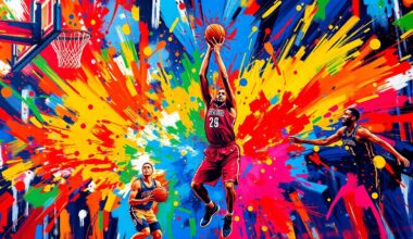An abstract, expressionist painting in vibrant neon colors, with the forms of basketball players blending together in a dynamic, energetic display of athletic movement and competition.