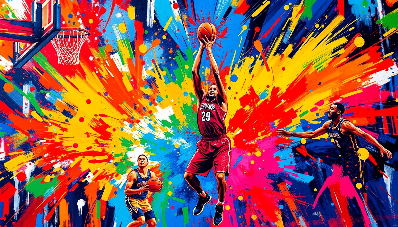 An abstract, expressionist painting in vibrant neon colors, with the forms of basketball players blending together in a dynamic, energetic display of athletic movement and competition.