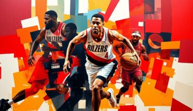 A cubist, geometric painting depicting a basketball player in mid-charge, their body fractured into overlapping planes of red, black, and white, capturing the raw energy and physicality of the defensive play.