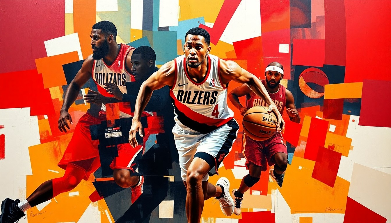A cubist, geometric painting depicting a basketball player in mid-charge, their body fractured into overlapping planes of red, black, and white, capturing the raw energy and physicality of the defensive play.