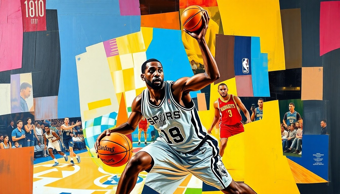A cubist-style painting depicting a basketball game in motion, with the players