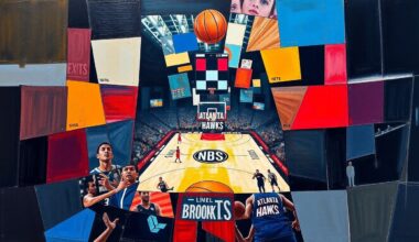 A fragmented, geometric painting depicting the dynamic movements and energy of a basketball game between the Atlanta Hawks and Brooklyn Nets, with players and the court rendered in an abstract, cubist style.