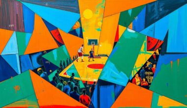 A cubist, geometric painting featuring overlapping shapes and planes in vibrant colors, conceptually representing the Nets