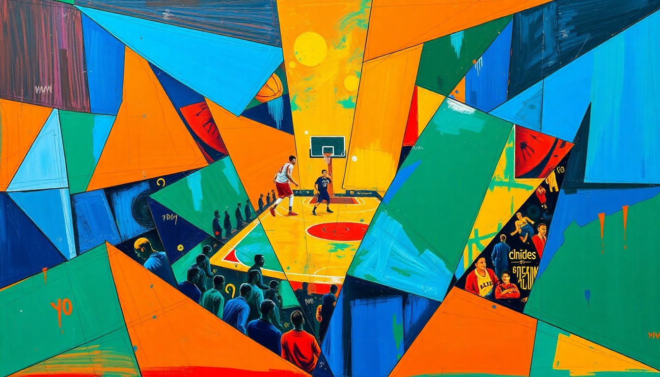 A cubist, geometric painting featuring overlapping shapes and planes in vibrant colors, conceptually representing the Nets