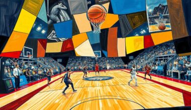 A fragmented, geometric painting depicting a basketball game, with overlapping shapes and planes representing the dynamic action on the court.