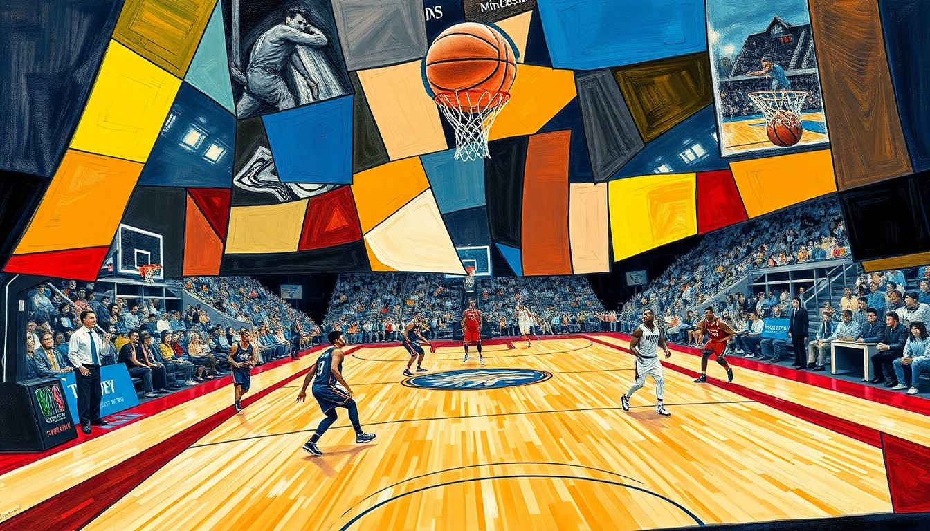 A fragmented, geometric painting depicting a basketball game, with overlapping shapes and planes representing the dynamic action on the court.