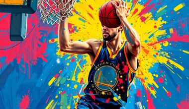 An abstract, energetic painting featuring bold brushstrokes of neon orange, yellow, and blue, capturing the dynamic movement and athleticism of a basketball player driving to the hoop.