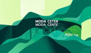 An abstract, fragmented painting in shades of green, blue, and gray depicting the outline of a large sports arena, conceptually representing the tension over using climate funds for a professional sports venue.