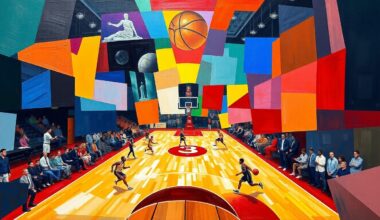 A cubist-style painting featuring overlapping geometric shapes and planes in the team colors of the Charlotte Hornets and Indiana Pacers, capturing the competitive energy and back-and-forth action of the opening period of their NBA game.