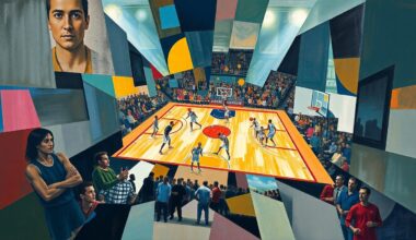 A cubist, geometric painting depicting a fragmented basketball game, with overlapping planes of color and shape representing the dynamic action on the court.
