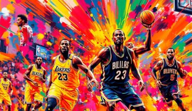 A vibrant, expressionist painting depicting the raw energy and motion of an NBA basketball game, with players