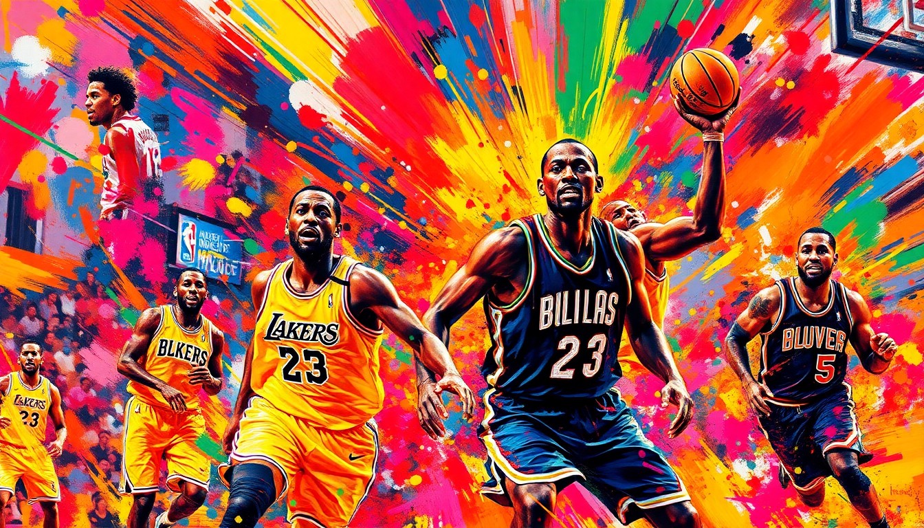 A vibrant, expressionist painting depicting the raw energy and motion of an NBA basketball game, with players