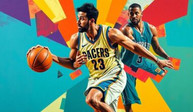 A fragmented, geometric painting depicting a basketball player