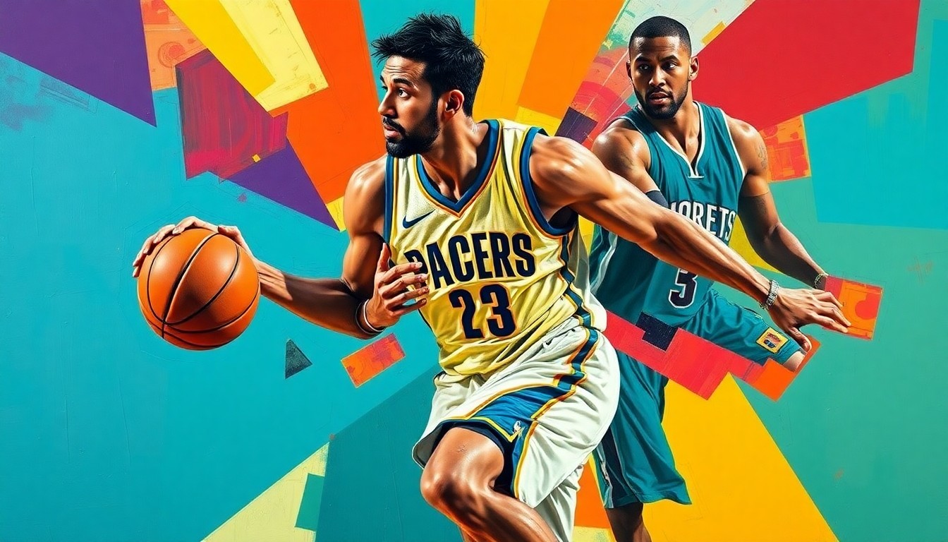 A fragmented, geometric painting depicting a basketball player