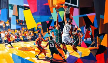 A cubist, geometric painting depicting the dynamic action of a basketball game, with players