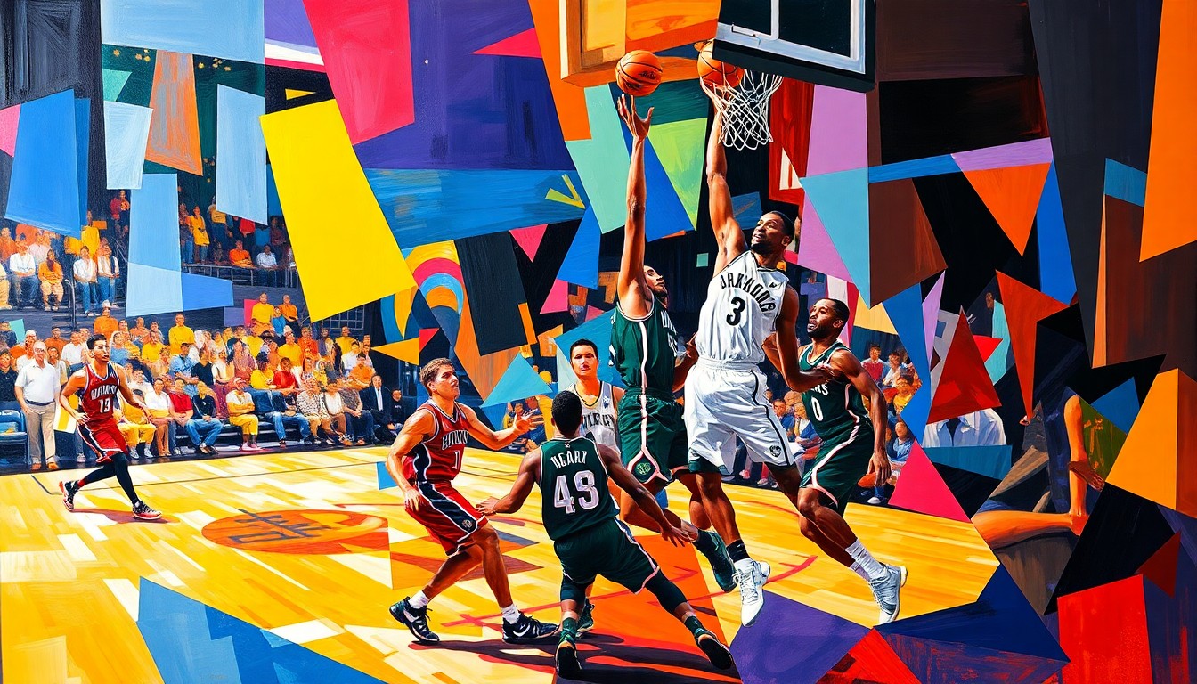A cubist, geometric painting depicting the dynamic action of a basketball game, with players