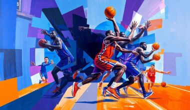A cubist, geometric painting depicting the fragmented movements and plays of a basketball player, using bold colors and sharp, overlapping shapes to capture the dynamic energy of the sport.