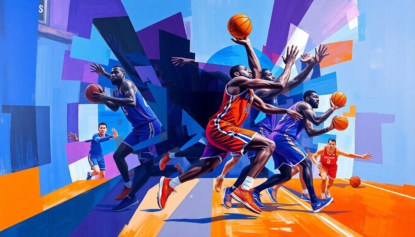 A cubist, geometric painting depicting the fragmented movements and plays of a basketball player, using bold colors and sharp, overlapping shapes to capture the dynamic energy of the sport.
