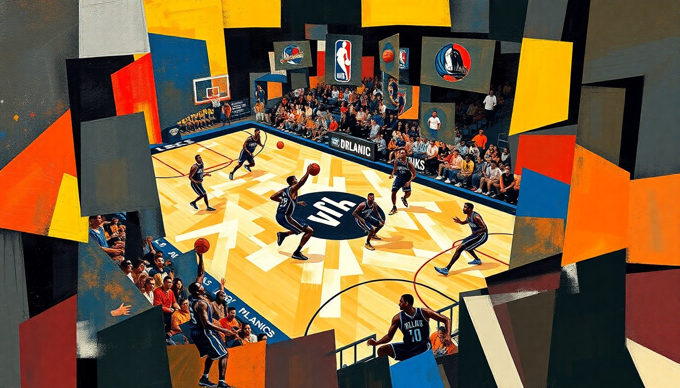 A fractured, geometric painting depicting the dynamic movements and energy of a basketball game, with overlapping planes of color and form representing the players and action on the court.