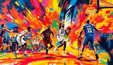 A vibrant, expressionist painting depicting the frenetic energy and movement of a basketball game, with players