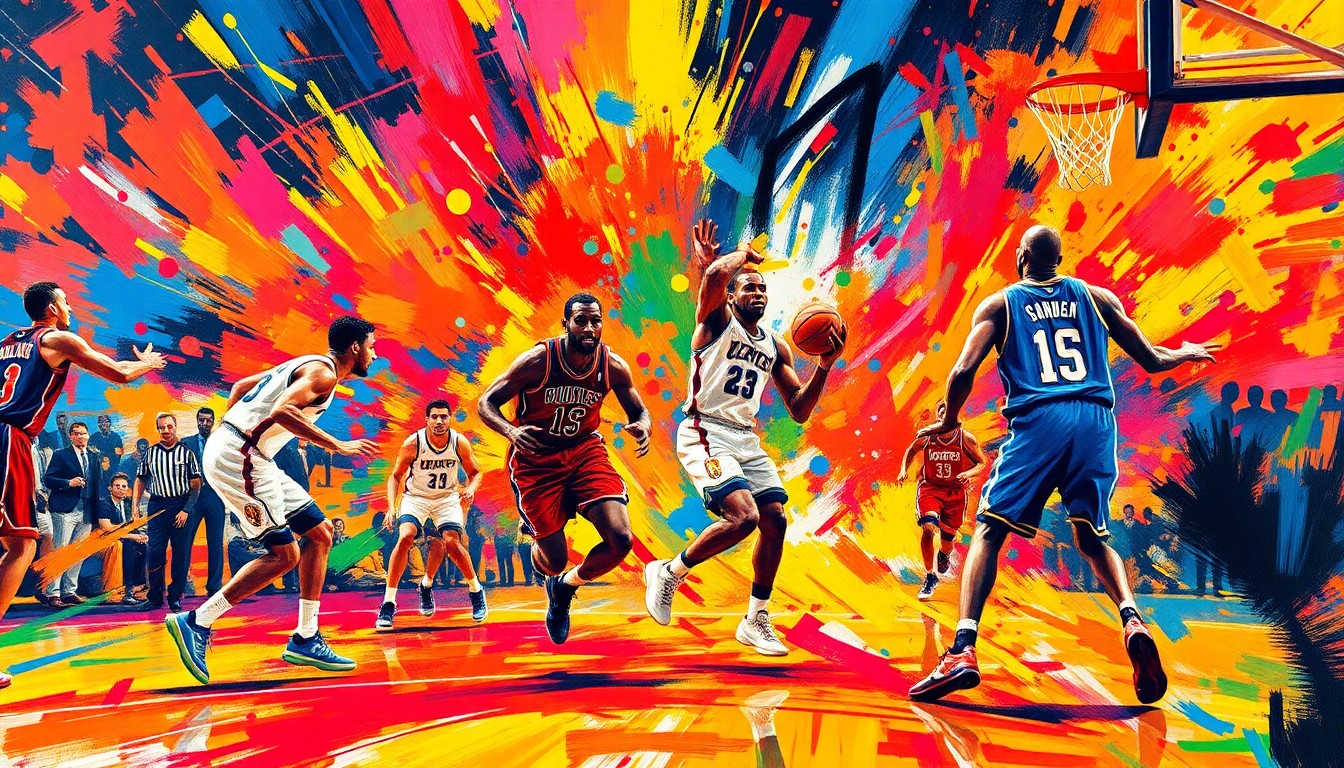 A vibrant, expressionist painting depicting the frenetic energy and movement of a basketball game, with players