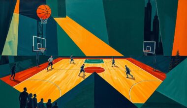 A cubist-style painting featuring overlapping geometric shapes and planes in navy, green, and orange, conceptually representing the fragmented and disjointed nature of the Nets