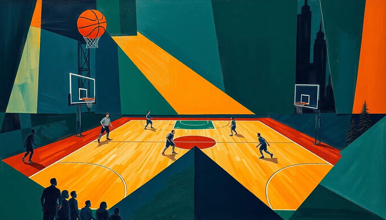 A cubist-style painting featuring overlapping geometric shapes and planes in navy, green, and orange, conceptually representing the fragmented and disjointed nature of the Nets