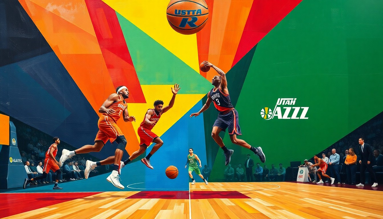 A cubist, geometric painting depicting a basketball game between the Houston Rockets and Utah Jazz, with the players