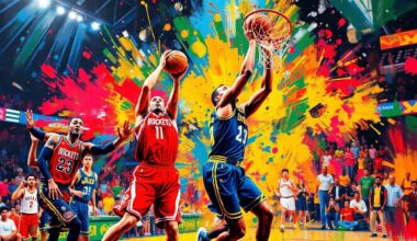 An abstract, energetic painting featuring vibrant neon brushstrokes and splatters of color, capturing the intense action and scoring of an NBA basketball game between two teams.