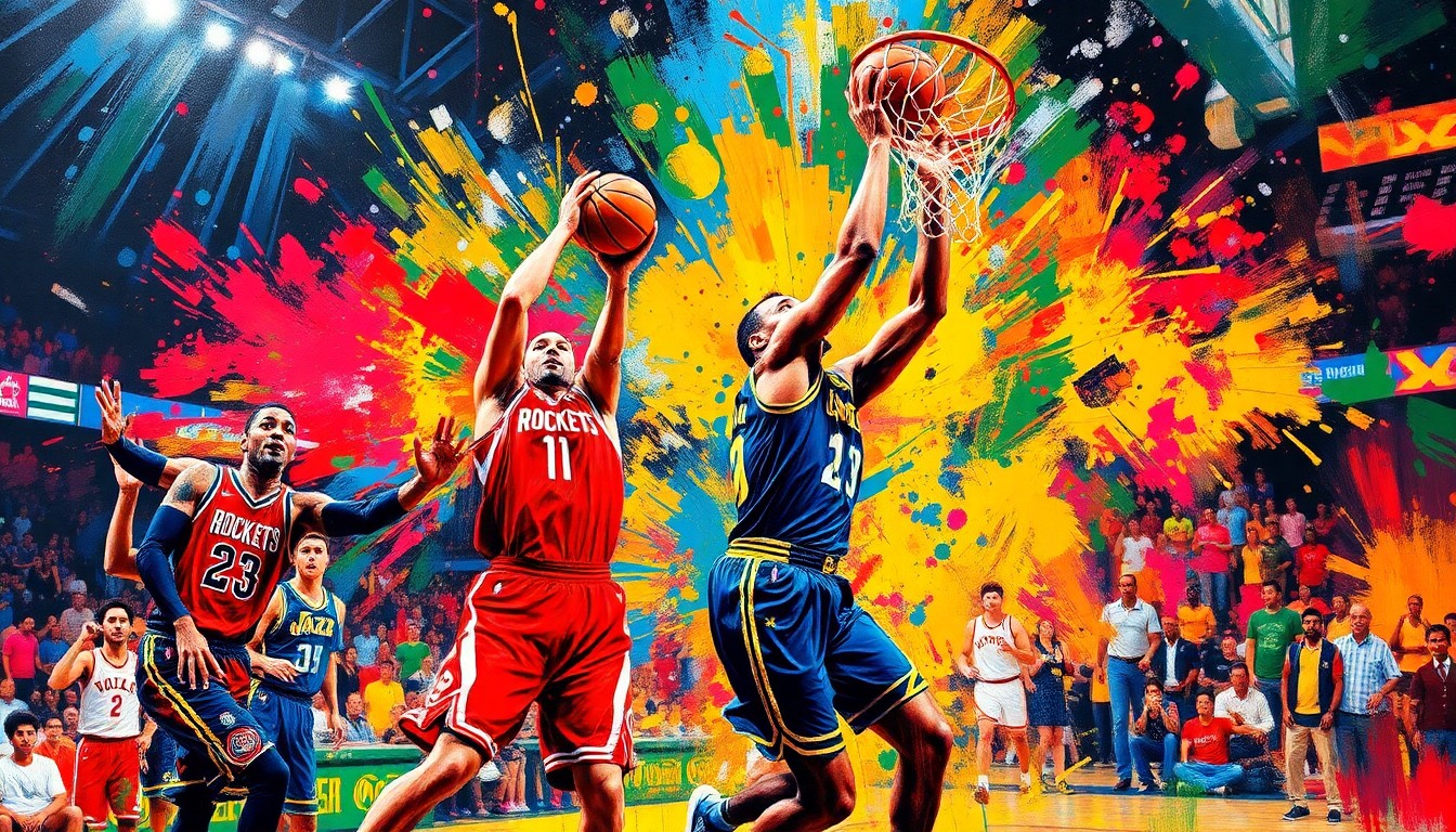 An abstract, energetic painting featuring vibrant neon brushstrokes and splatters of color, capturing the intense action and scoring of an NBA basketball game between two teams.