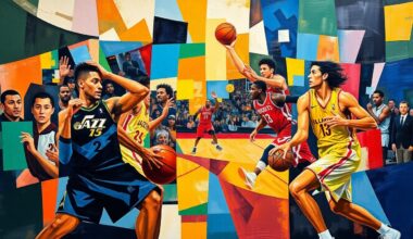 A cubist-style painting depicting a basketball game, with the players