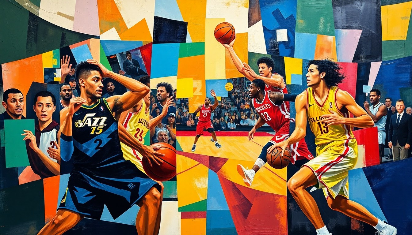 A cubist-style painting depicting a basketball game, with the players