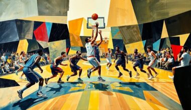 A fractured, multi-perspective painting breaking down a basketball game into sharp, overlapping geometric planes, with the players