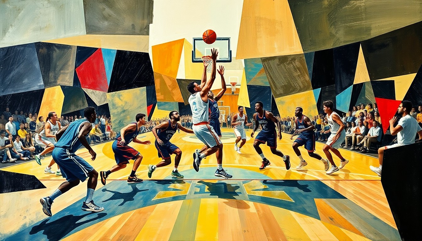 A fractured, multi-perspective painting breaking down a basketball game into sharp, overlapping geometric planes, with the players