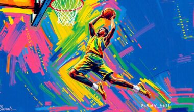 An abstract painting with vibrant neon brushstrokes in shades of orange, pink, and blue, capturing the dynamic motion and energy of a basketball player in action.