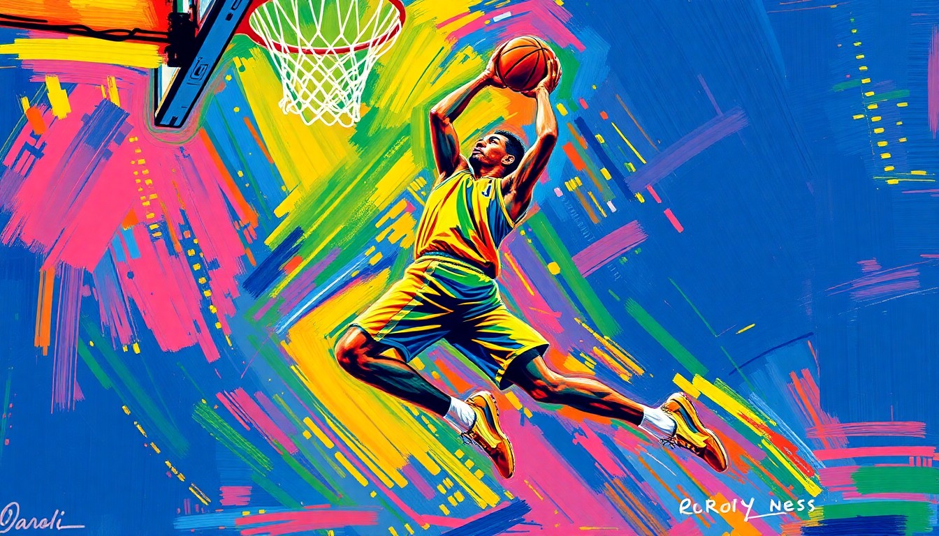 An abstract painting with vibrant neon brushstrokes in shades of orange, pink, and blue, capturing the dynamic motion and energy of a basketball player in action.