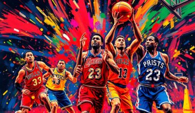 An abstract, expressionist painting featuring vibrant neon brushstrokes and splatters of color, capturing the raw energy and movement of a basketball game.