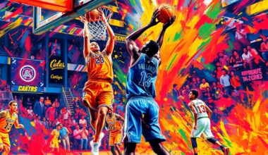 An abstract expressionist painting in neon colors depicting the dynamic movements and energy of a basketball game, with the players