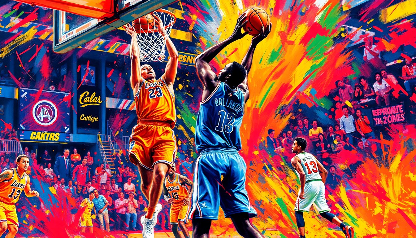 An abstract expressionist painting in neon colors depicting the dynamic movements and energy of a basketball game, with the players
