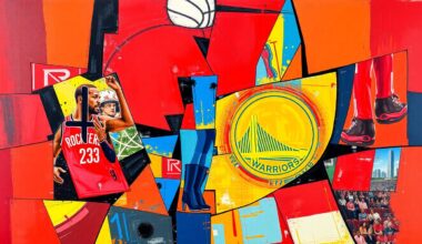 A cubist, geometric painting depicting a basketball game between the Houston Rockets and Golden State Warriors, with the players and court broken down into sharp, overlapping planes of vibrant red, blue, and gold colors.
