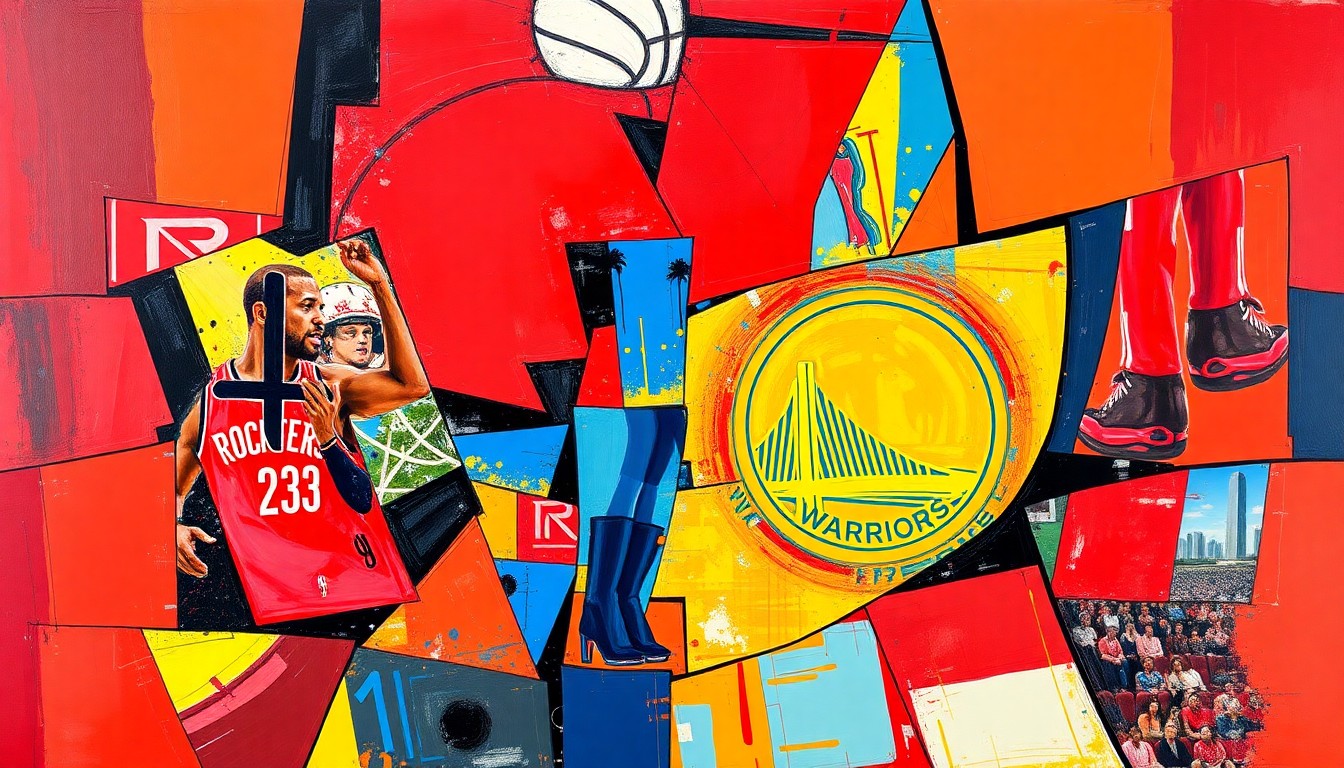 A cubist, geometric painting depicting a basketball game between the Houston Rockets and Golden State Warriors, with the players and court broken down into sharp, overlapping planes of vibrant red, blue, and gold colors.
