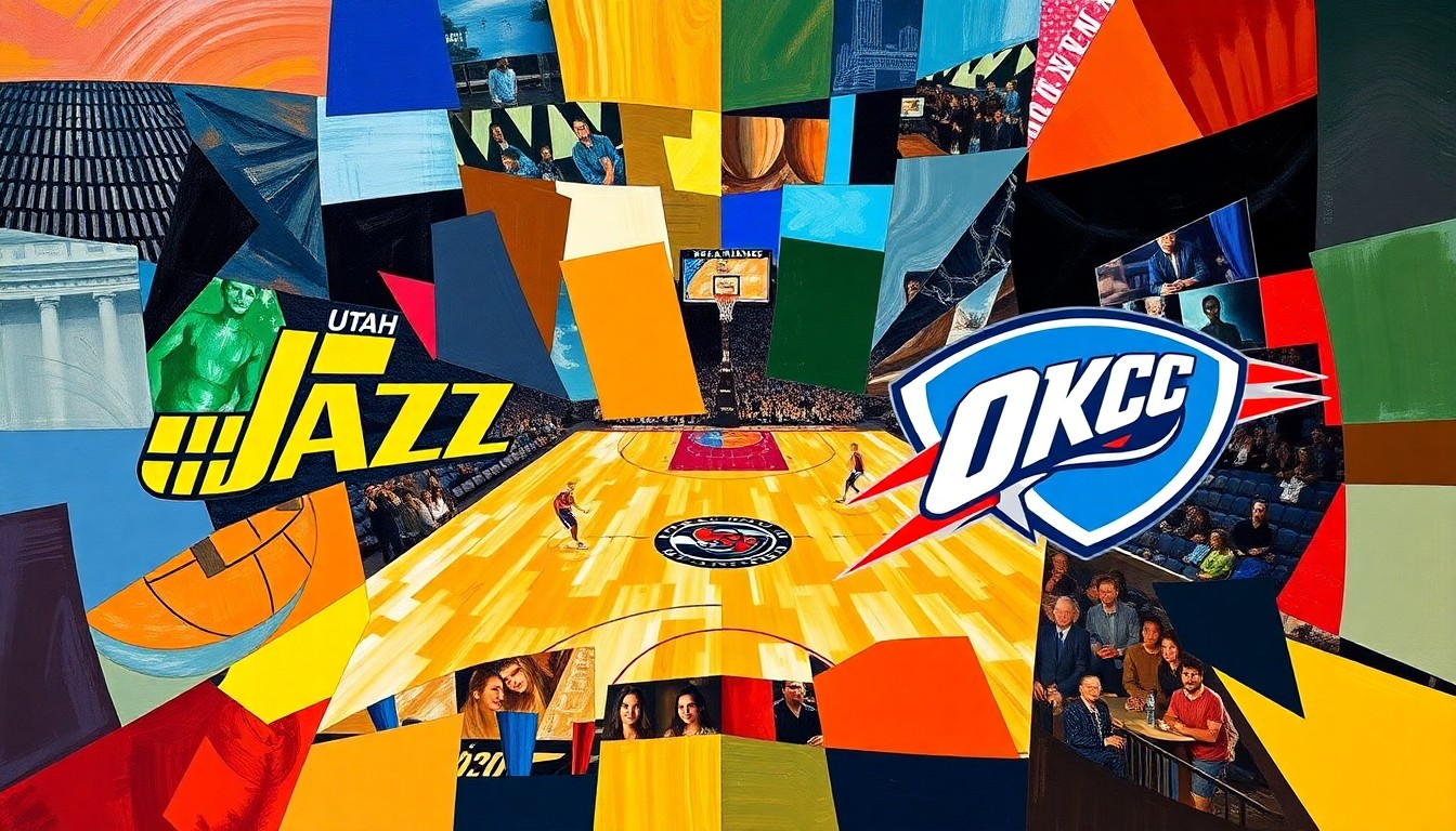 A fractured, geometric painting depicting a basketball game, with sharp planes of color representing the competing teams in action.