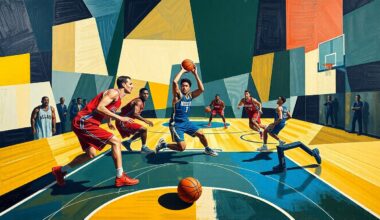 A cubist-style painting featuring overlapping geometric shapes and planes that abstractly represent a basketball game, conveying the dynamic energy and one-sided nature of the Bulls